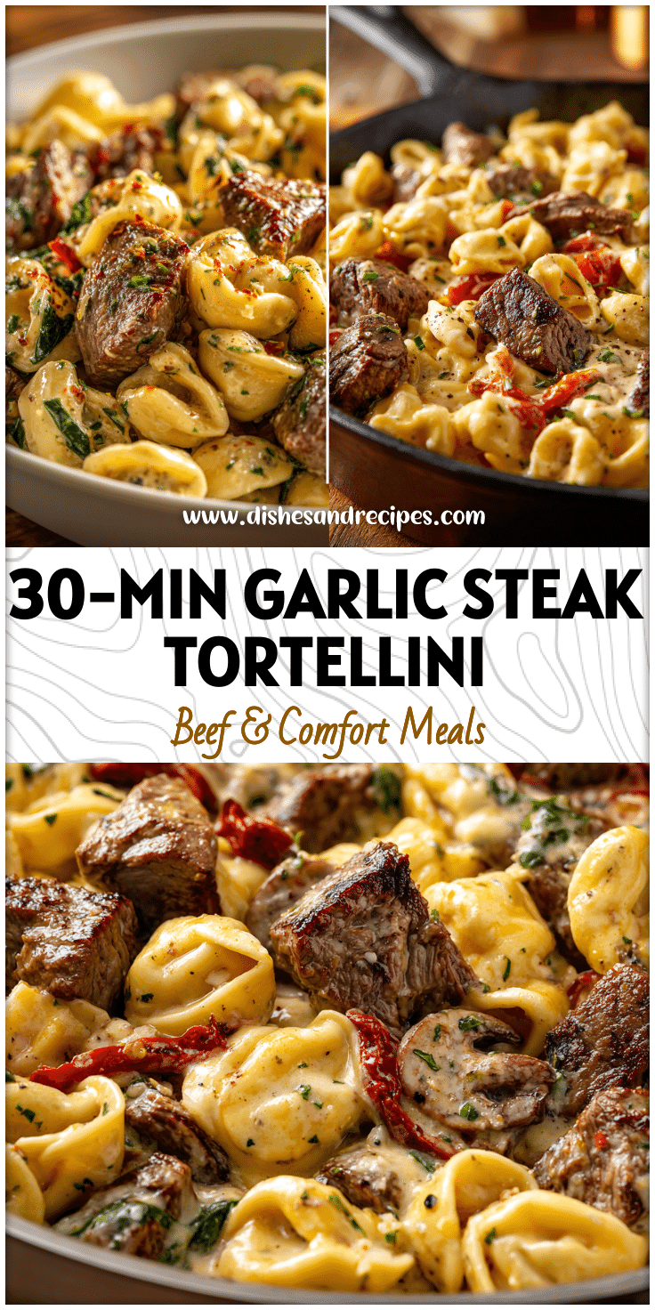 Skillet with garlic steak bites, cheese tortellini, and creamy sauce for a quick steak dinner.